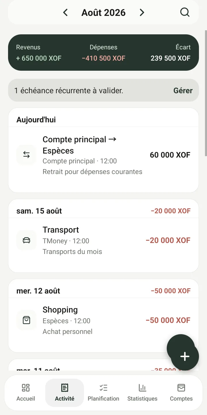 Capture de l’écran Activité avec les revenus, dépenses et échéances du mois
