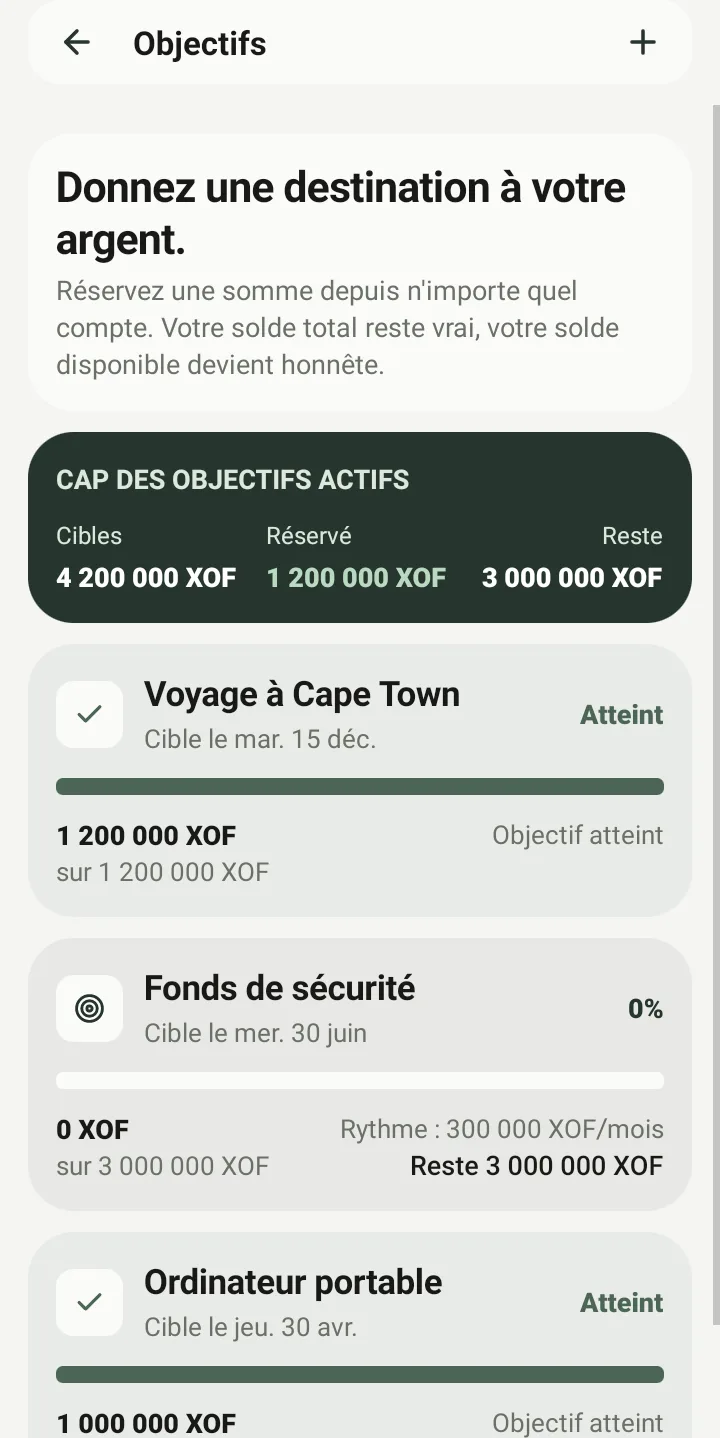 Capture de l’écran Objectifs avec les cibles actives et leur progression