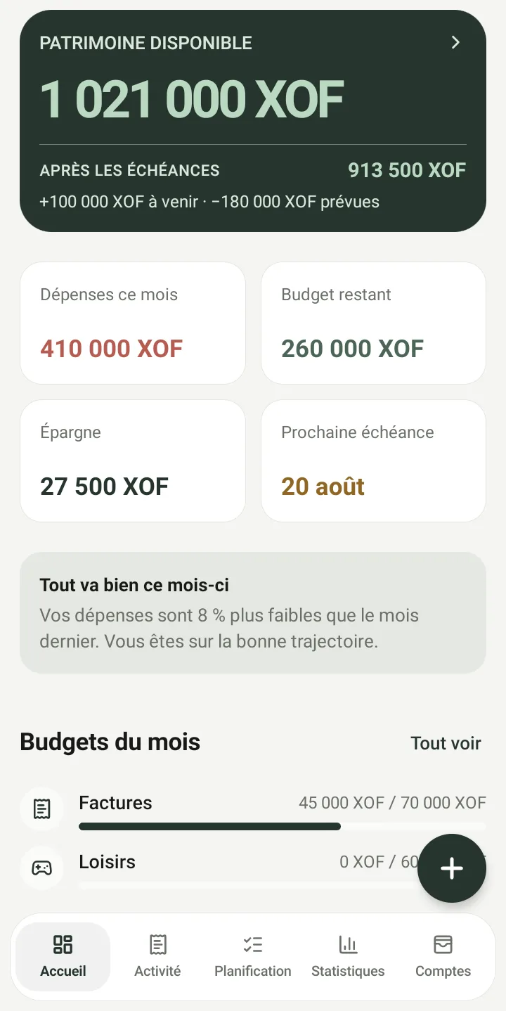Capture de l’écran d’accueil de Wallet : patrimoine disponible, budgets et activité récente