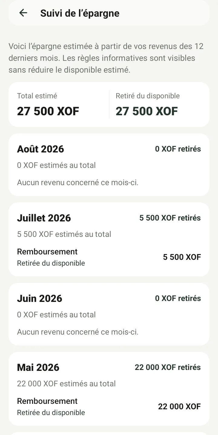 Capture de l’écran Suivi de l’épargne avec les montants estimés et retirés du disponible